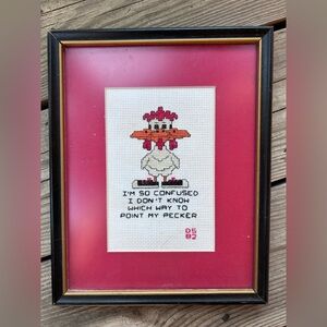 Vintage Funny Cross-Stitch Chicken Art Matted Eclectic Funny Wall Decor Unique